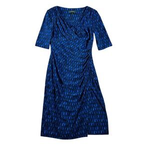 Lauren Ralph Lauren Blue‎ Black Geometric Print Faux Wrap Dress Midi Size 4